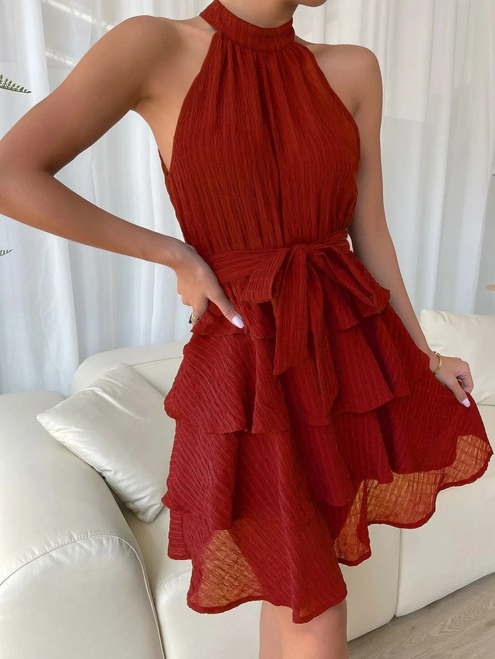 Spring/Summer Dress New Women's Sleeveless Ruffled Halter Party Dress Ball Gown - Image 4 of 4