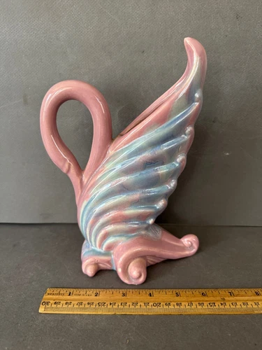 ROYAL HAEGER PINK & BLUE ART DECO AGATE SWIRL MCM SWAN VASE PLANTER 9" VINTAGE