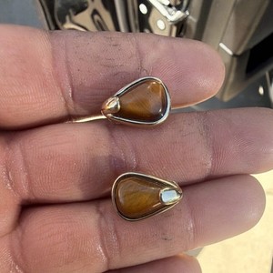 Authentic Gold Plated Tiger's Eye Freeform Cufflinks Bullet Back Brown Stone Monet