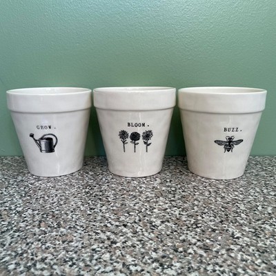 3 Rae Dunn Flower Herb Plant Pots, Grow Buzz Bloom