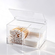 Clear Acrylic Cotton Swab Ball Holder Qtip Organizer with Lid 2-Grid Canister...