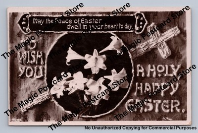 ''A Holy Happy Easter'' RPPC Antique Christian Cross Photo Lincoln Illinois 1909