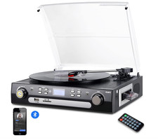 Bluetooth Record Player Stereo Speakers Turntable for Vinyl, MP3, Cassette AM/FM