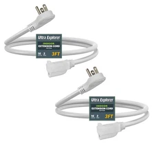 3 FT Flat Plug Extension Cord 2 Pack 16 AWG Indoor Appliance Cord White