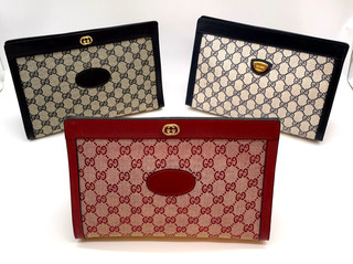 Auth Gucci GG Supreme/Canvas Leather PVC Red/Navy Clutch Bag 3pcs NS050242