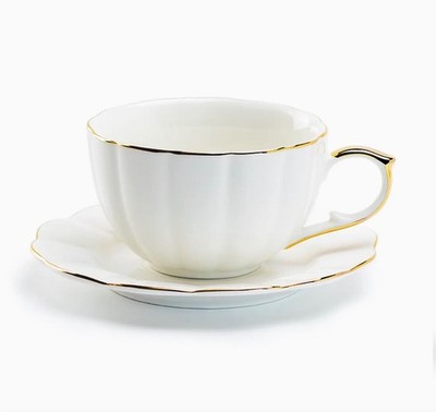 White Gold Scallop 7oz Fine Porcelain Tea Latte Cup & Saucer Set