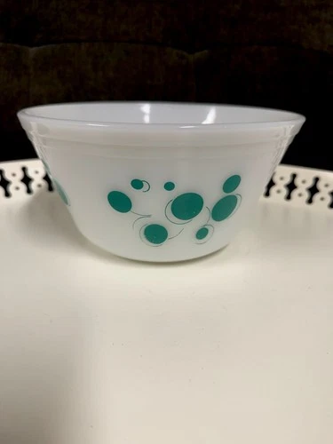 VTG 1960s Federal Glass Turquoise & White Atomic Dot 8" Mixing Bowl Green Teal