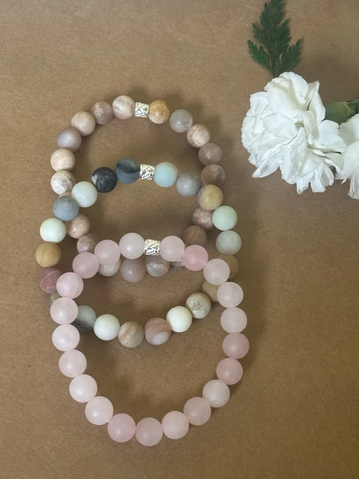 Juego de 3 Pulseras con Cuentas Cuarzo Amor, Piedra Solar Positividad Amazonita Armonía Foto 3 de 4