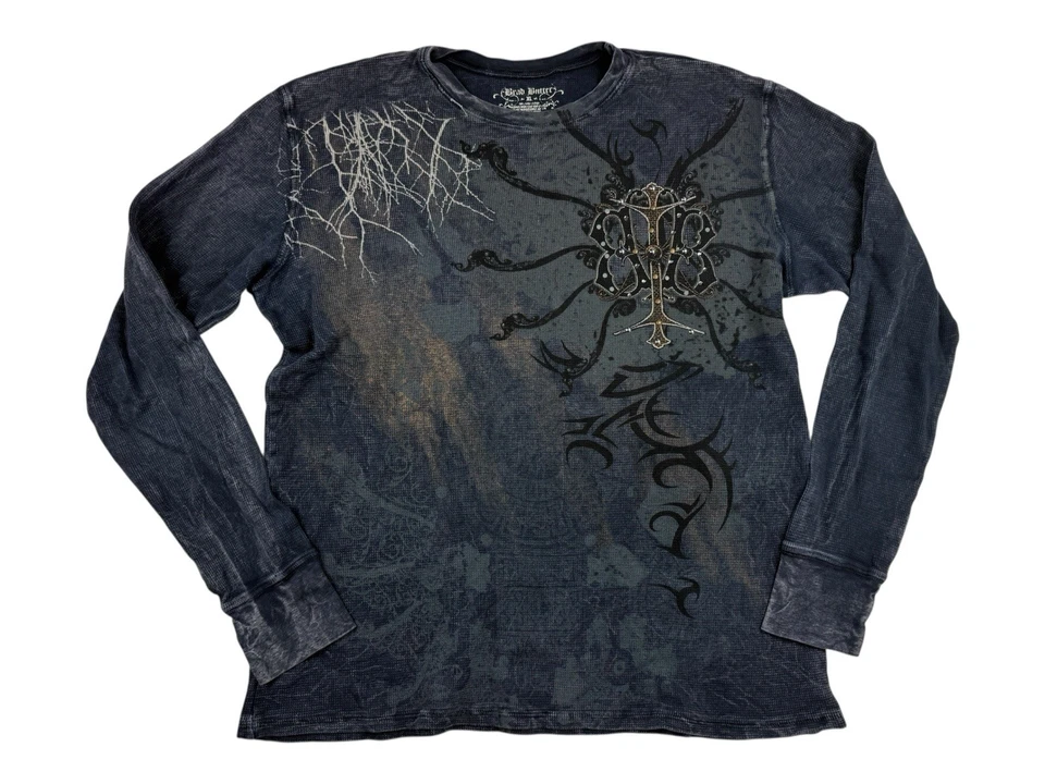Camisa Negra Térmica Manga Larga Vintage Y2K Brad Butter Cross AOP Piedras XL Foto 2 de 4