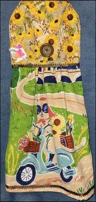 **NEW**Handmade 'Biking From The Market' Kitten Hanging Kitchen Hand Towel #3439