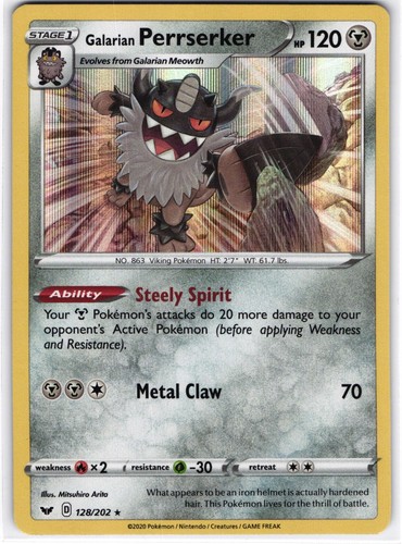 Galarian Perrserker 128/202 Sword & Shield Base Set Holo Rare Pokemon Card