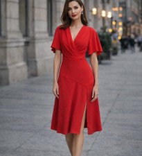 Elie Tahari Red Jila Dress Side Slit V-Neck Flutter Sleeve Size 2 Elegant