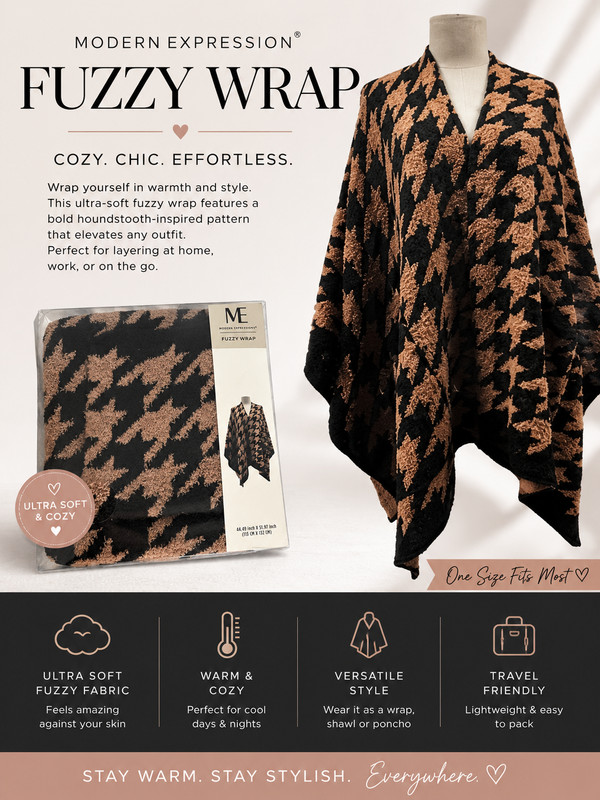 Modern Expressions Fuzzy Wrap Poncho Shawl Scarf Black Beige Houndstooth Soft Co
