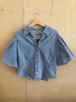 Bagatelle Womens Blue Denim Collared Button-Up Short Sleeve Shirt Top XL