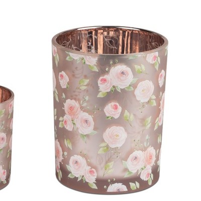 Teelichthalter, Windlicht LA ROSE mit Rosendekor 13cm rosa aus Glas Formano WA