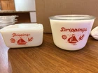 2 Vintage McKee Red Sailboat Drippings Jars with Lids Milk Glass USA