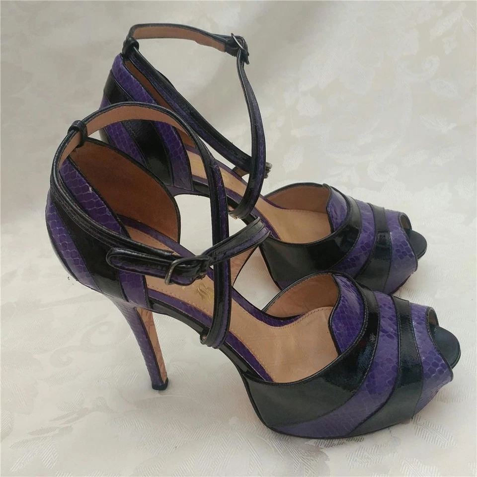 Zapatos de plataforma LAMB Gwen Stefani tacón alto punta abierta 8,5 charol serpiente Foto 2 de 4