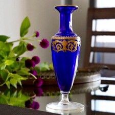 Old Baccarat 24K Gold Enamel Decorated Blue Crystal Vase Single Flower Antique