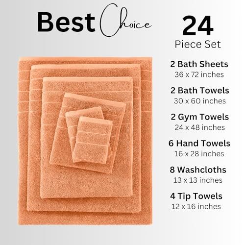 24 Piece 100% Cotton Bath Towels Set, 2 Bath Sheets, 2 Large Bath Peach Fuzz - Picture 4 of 7