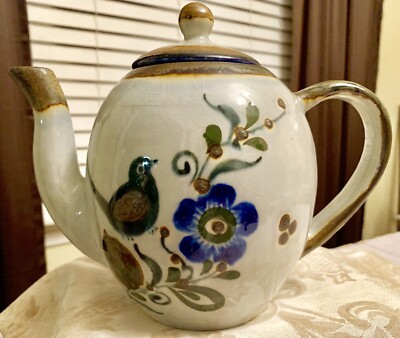 Beautiful NOE SURO Signed Brown Trim TEAPOT Tonala Blue Bird Flowers Mexico