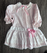 VINTAGE Toddler pink white Striped dress with eyelet ribbon Drop Waist 4T