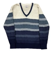 Vintage Richman Brothers Blue & White Knit V-Neck Sweater - Size Large