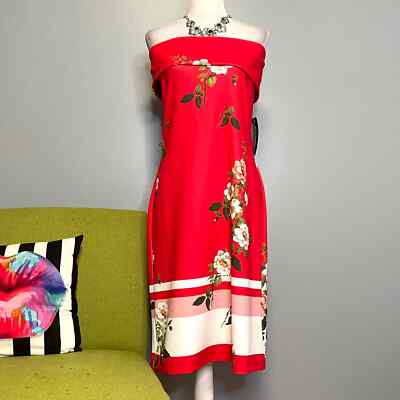 Sharagano Red Tropical Floral Off the Shoulder Cocktail Sheath Dress NEW 12