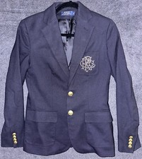 RALPH LAUREN Womens Jacket Wool Lined Blazer Navy Preppy Patch Crest Gold Size 4
