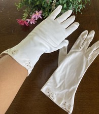 Vintage 1950s /60s Satin Gloves Cream Wedding Length 10.5  Butterflies Embroider