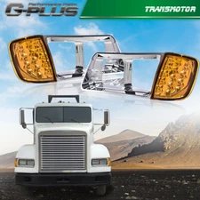 Fit For Freightliner FLD120 Headlight Bezel w/ LED Turn Signal Corner Light Lamp