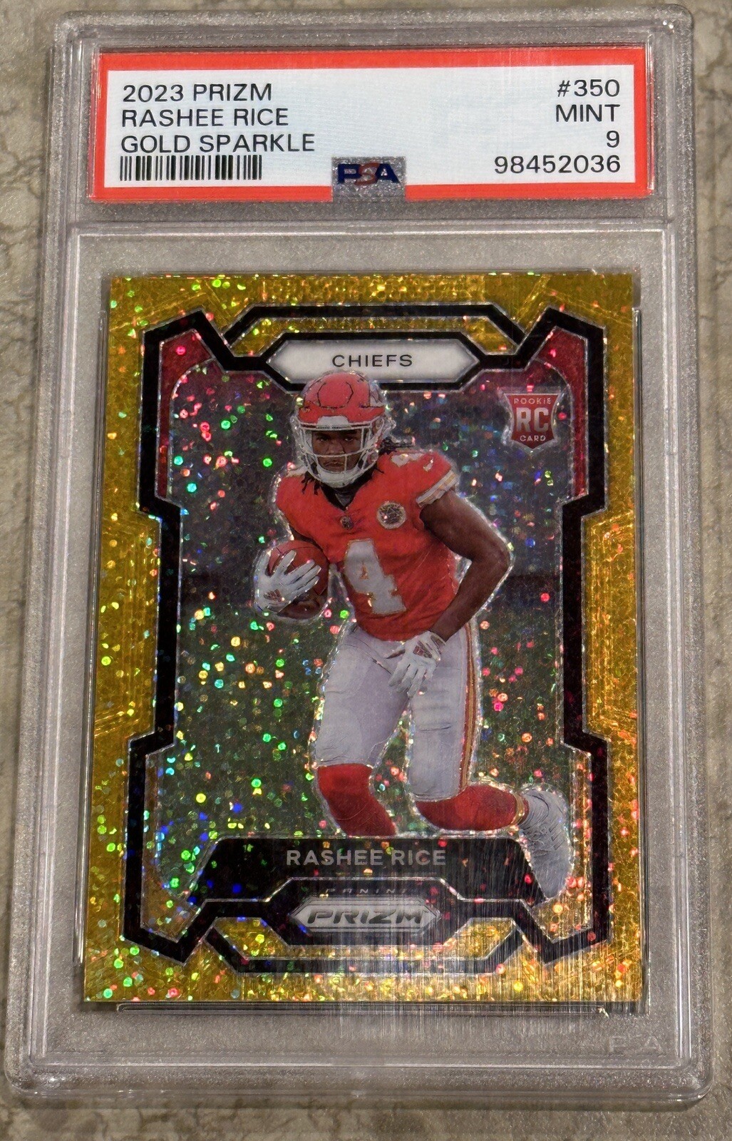 Rare PSA9 Mint 2023 Panini Prizm Rashee Rice Gold Sparkle #350 Rookie Card /24
