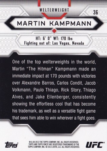 Martin Kampmann Signed 2013 Topps Finest UFC Card #36 Autograph 154 139 121 115 - Picture 3 of 12