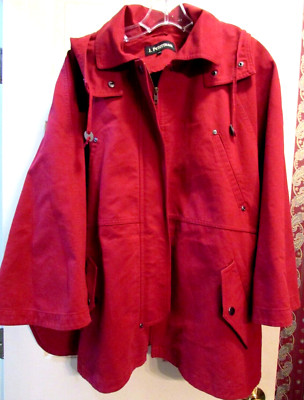 VTG J. Peterman Red Hooded Poncho Cape Zip Front Western Rivot Accents Pockets