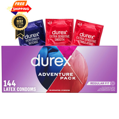 Durex Condoms Variety Adventure Pack, Mix of 144 Count (Pack 1), Clear 