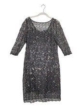Kay Unger Crochet / Sequin 3/4 Sleeve Midi Dress / Slip in Gunmetal  - Sz 8