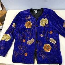 Indigo Moon W. Purple Floral Embroidered Lined Button Front Jacket Size L sku431