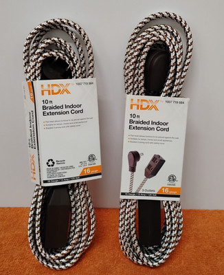 NEW 2 HDX 10ft Braided Indoor Extension Cord 3 Outlets 16 gauge. (00)