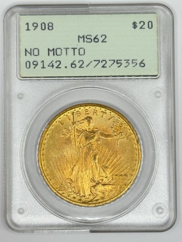 1908-P Saint-Gaudens Gold $20 No Motto Rattler Holder PCGS MS62 Toned Toner
