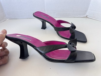 Vintage 90s Y2K Seychelles Black Leather Bow Slip On Heel Sandals Shoes Size 8