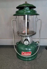 Vintage Coleman 220F Double Mantle Lantern w/ Pyrex Globe Green Camping Light 