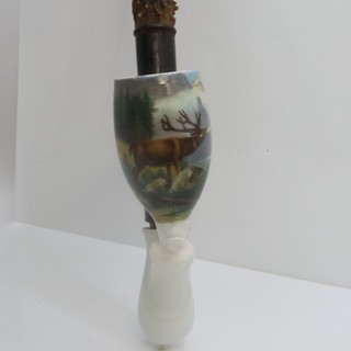 Schöne Hirsch Motiv Porzellanpfeife mit Horn Mundstück 13 / 24 cm F6