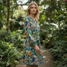 Margaret O'Leary M Papaya Tropical Fruit Print 100% Cotton Smocked Mini Dress