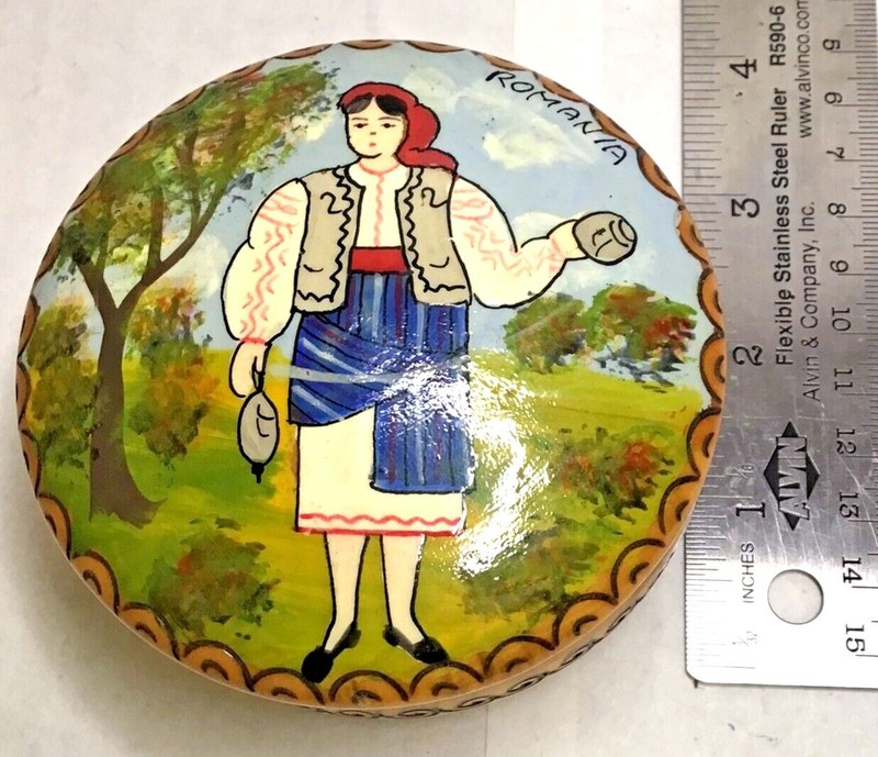 Beautiful Vintage Romania Hand Painted Circular Wooden Box
