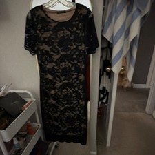 SHEIN Sheath Dress Black Beige Lace Floral Short Sleeve Round Neck Knee M