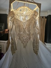  Vintage White Satin Long Sleeve Beads Ruffled Wedding Gown Bridal Dress