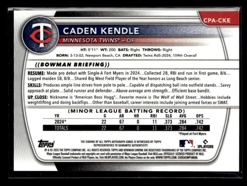 2025 Bowman Caden Kendle 1st Chrome Prospect Auto Autograph Speckle /299 U9343 - 第 2/2 張圖片