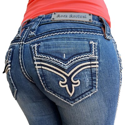 Rock Revival Jeans Low Rise Donna Faux Flap Pocket Bootcut Stretch Jean 26 x 32