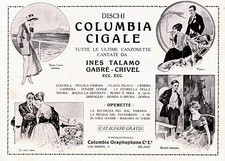 PUBBLICITA'1920 DISCHI COLUMBIA CIGALE INES TALAMO GABRE' CRIVEL CANZONI MUSICHE