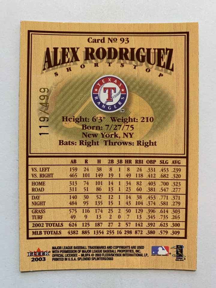 2003 Fleer Splendid Splinters Real Wood Parallel Alex Rodriguez 119/499 ...