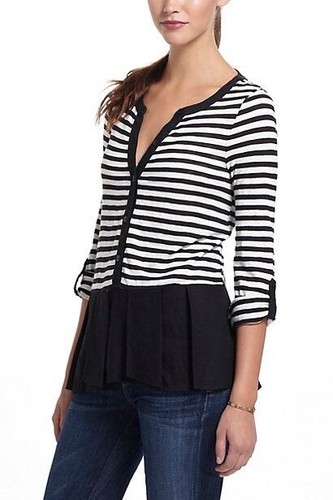 New Anthropologie Postmark Striped Peplum Knit Top SZ Small Pleated Henley Mod - Picture 1 of 7
